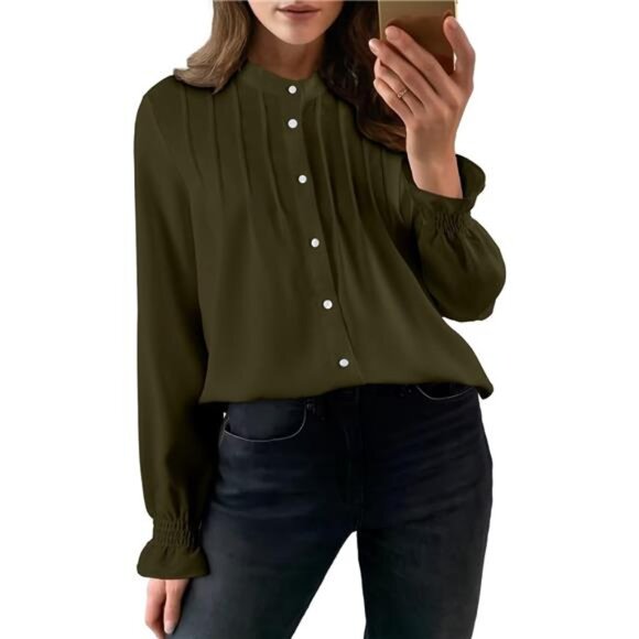 Women’s Chiffon Button Down Blouse | Pleated Mandarin Collar Tunic Top - Picture 2 of 6